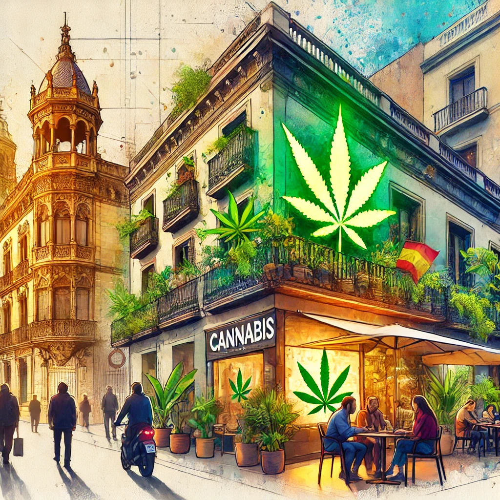 An artistic depiction of cannabis evolution in Spain, featuring a vibrant Barcelona street scene with a cannabis social club and historic Spanish architecture.