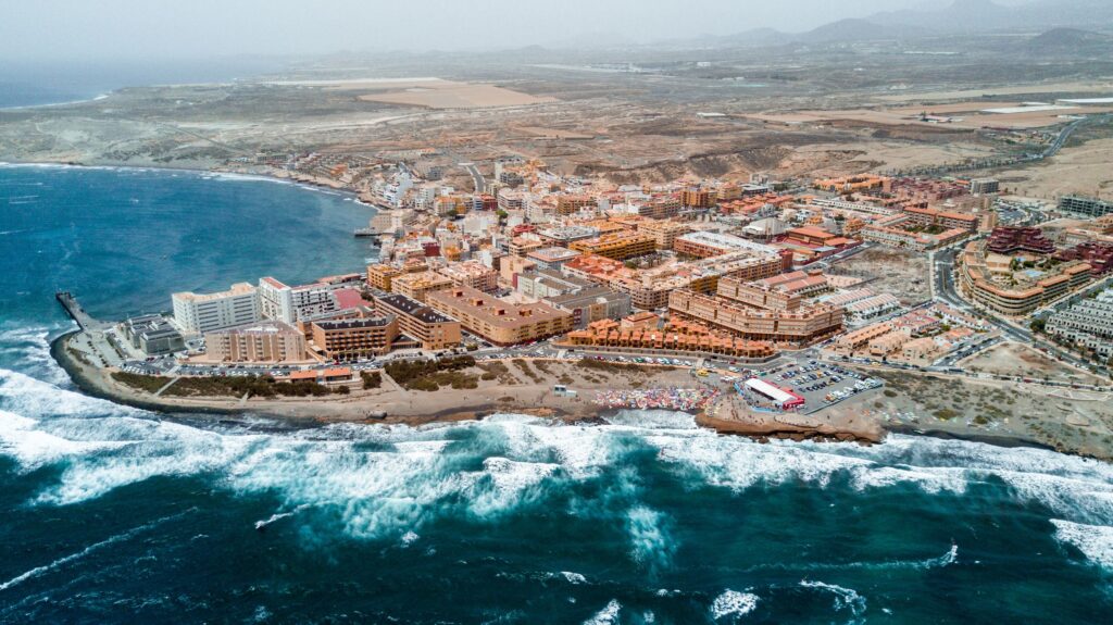 Aerial view of El Medano and the San Isidro airport corridor, south Tenerife
